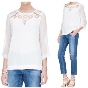 Rebecca Taylor Ivory Lace Yoke Silk Trim Blouse Sz 8 Feminine Romantic Boho